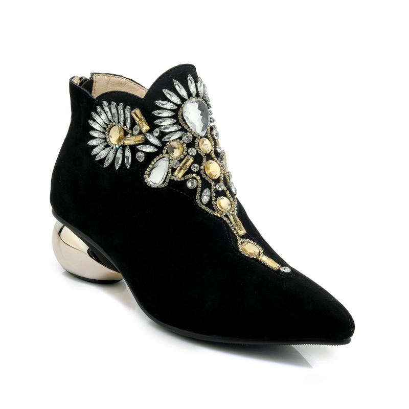 

Boots Womens Pointy Toe Genuine Suede Leather Rhinestones Crystal Ankle Strange Egg Heel Shoes Warm Winter 2Colors, Black