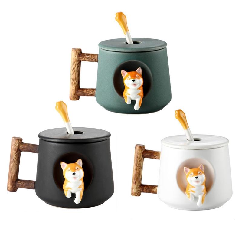 

Mugs Home Decoration Cute Cartoon Animal Shiba Inu Ceramic Mug Creative Christmas Valentine Gift Couple With Lid Spoon Coffee Cup, White