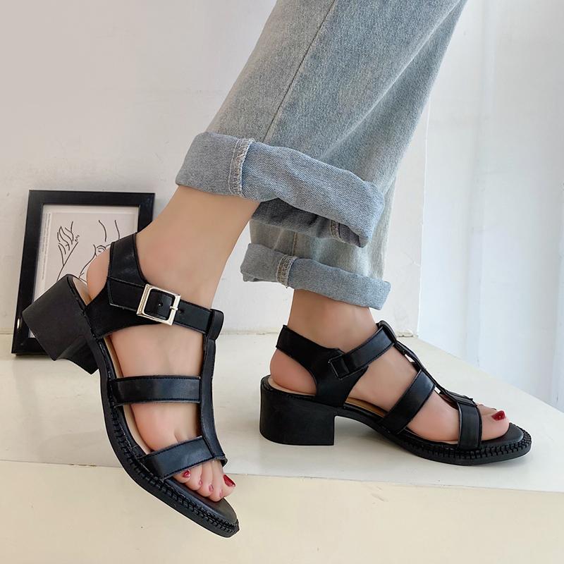 

Sandals Rimocy Gladiator Chunky Heels Women Buckle Hollow Out Summer Shoes Woman Sexy Open Toe PU Leather Sandalias Mujer, Beige