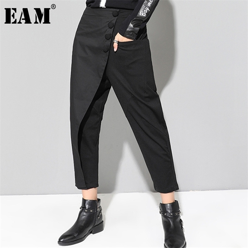 

[EAM] Spring Black Loose High Waist Flat Elastic Waist Women Fashion Wide Leg Ankle-length Pants OA870 210721