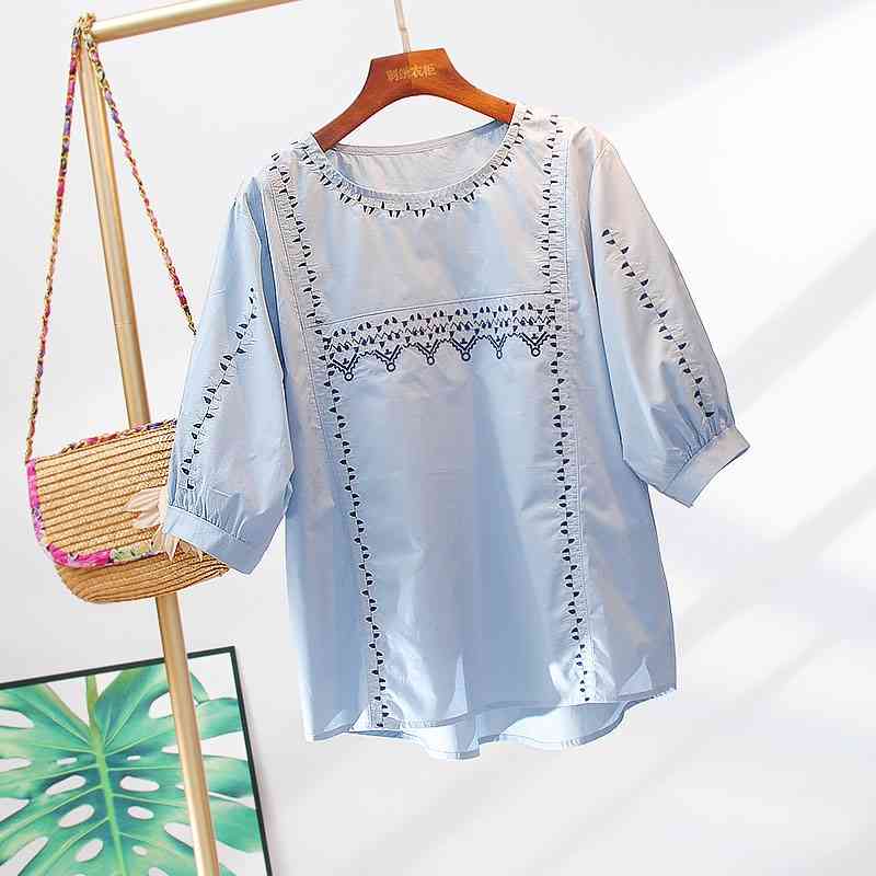 

VANOVICH Pure Color Cotton Wild Casual Women's Blouses and Tops Summer Round-neck Embroidery Women Clothing 210615, Blue