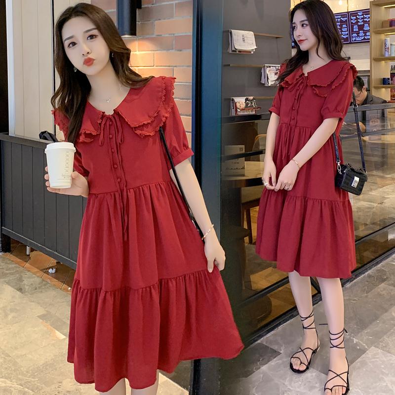 

Maternity Dresses 1806# Dress Long Sleeves Red Plain Cotton Midi Plus Size Pregnancy Loose Large Pregnant