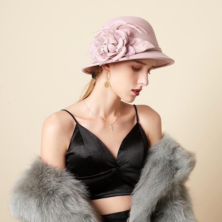 

Berets Women English Fisherman Cap Restoring Ancient Ways About Feather Flower Wool Hat Han Edition Elegant Aristocratic Basin Of, Black