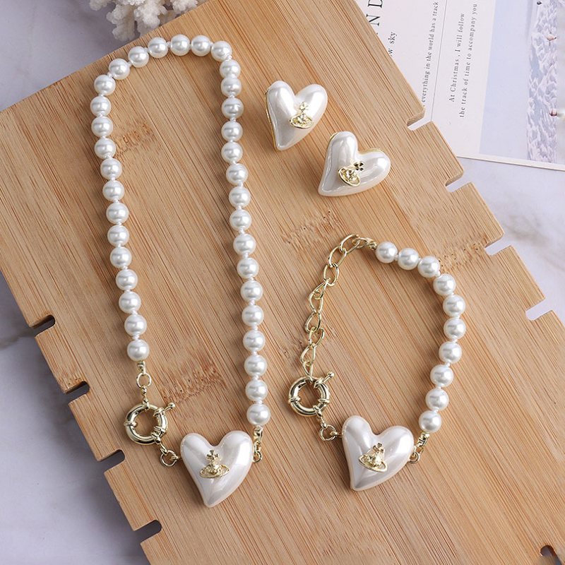 Necklaces Bracelets Earrings 3-piece Sets Saturn Peach Heart Same Necklace Bracelet Earring Niche Designer French Sweet Temperament OT Bar Jewelr-image-697948263