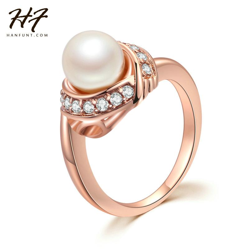 

Cluster Rings Rose Gold Color Elegant 8mm Imitation Pearl With CZ Crystal Engagement Fashion Wedding Ring For Women Sale R676, Golden;silver