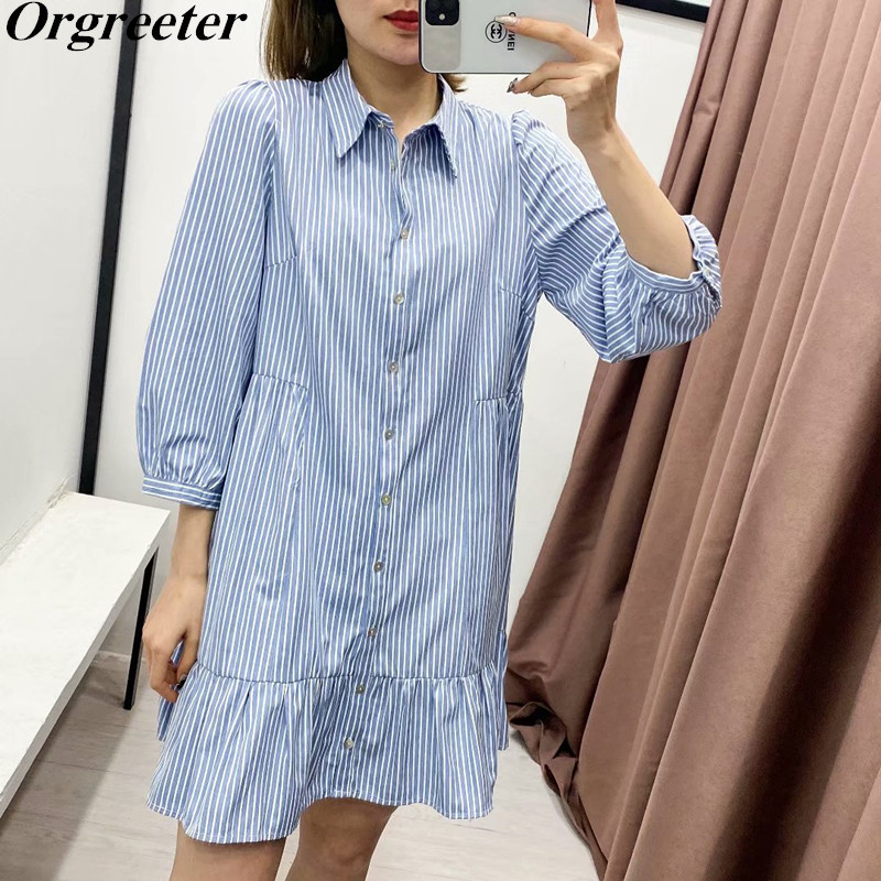 

Blue Striped Loose A-line Shirt Dress Women Summer Fall Casual Button 3/4 Sleeve Mini Female Beach Long 210525