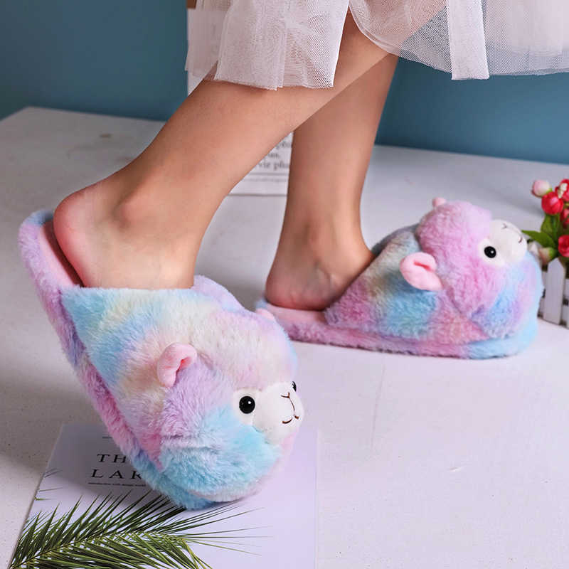 

Women Autumn Winter Warm Plush Cute Cartoon Alpaca House Fur Slippers Parent-Child Floor Slides Indoor Bedroom Fluffy Slippers H0827, Pink