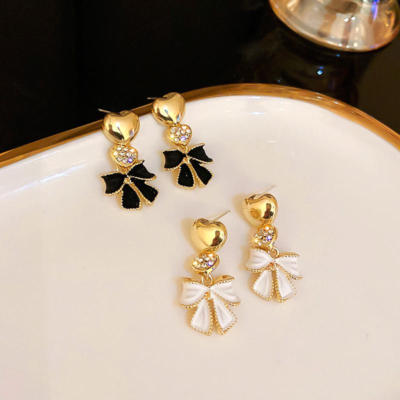 

Dangle & Chandelier Trendy 14K Real Gold Plated Peach Heart Enamel Bowknot Drop Earrings For Women Girl Jewelry S925 Silver Needle Zirco