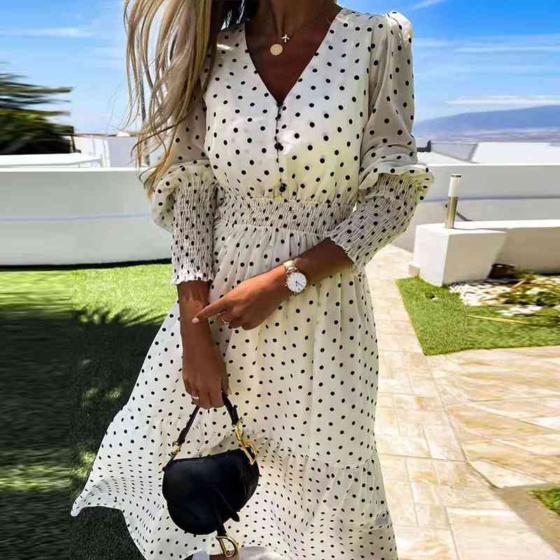 

202 new women' elegant V-neck chic fashion dot print dress casual Chiffon beach skirt, White