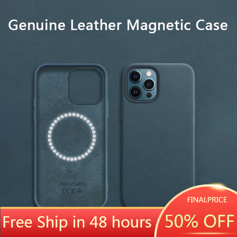 

(With Logo+Film)Genuine Leather Case iPhone 12 Pro Max 12 Phone Cases Magsafing Luxury 1:1 Wireless Charge Cover shell, Black
