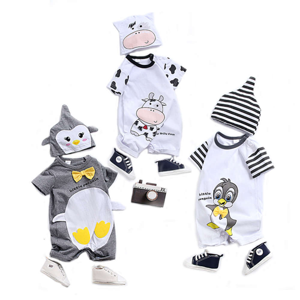 

Baby Jumpsuit Short Sleeve Khaki cartoon summer baby creeping suit going out, White