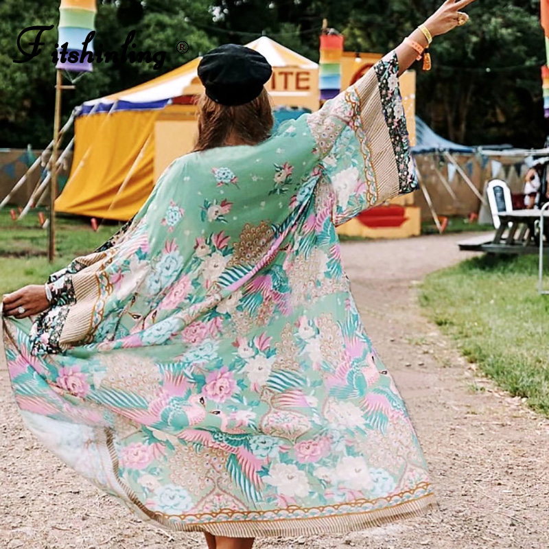 

Fitshinling Print Chiffon Beach Cover Up Summer Kimono Bikini Outer Cover Swimwear Sexy Long Cardigan Bohemian Holiday Cover-Up