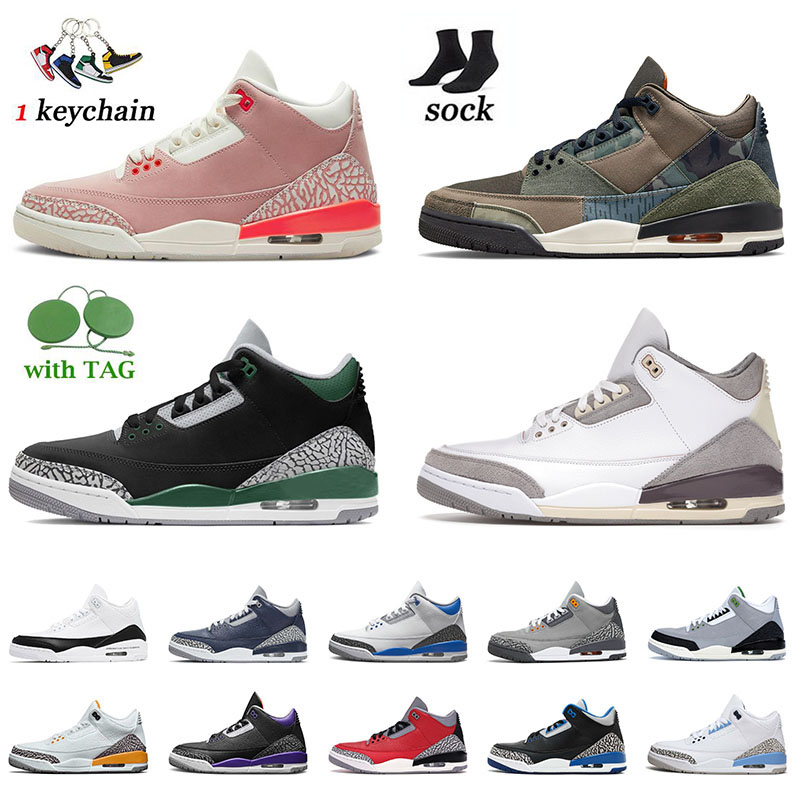 Mens Pine Green 3 Rust Pink Jumpman 3s Basketball Shoes Retro Patchwork Midnight Navy Racer Blue UNC White Cement Court Purple Off Women Fashion Sneakers With Socks