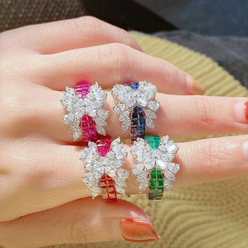 

Cluster Rings 2021 Fashion Luxury 925 Sterling Silver Engagement Promise Ring For Women Rose Blue Green Stone Zircon Propose Wedding Jewelry