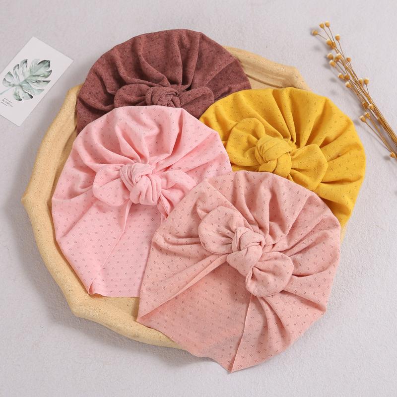 

Caps & Hats 2021 Solid Cotton Baby Turban Hat Bowknot Girls Knit Head Wraps Kids Bonnet Beanie Born Pography Props, Yellow