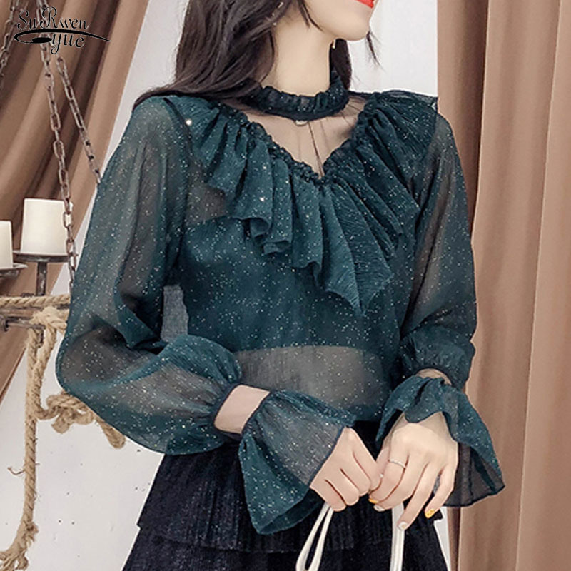 

Blusa Korean Style All-match Mesh Stitching Women Shirts Stand Collar Office Lady Blouses Solid Sexy Lace 10612 210521, Gray
