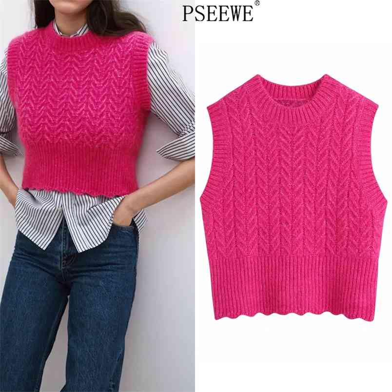 

Rose Red Knitting Vest Woman Sweater Winter Cropped Sleeveless Female Rib Cable Knit Vintage Top 210519