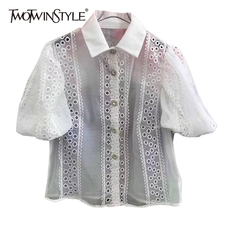 

Hollow Out Chiffon Shirt For Women Lapel Puff Sleeve Casual Elegant Blouse Female Fashion Clothing Stylish 210524, White