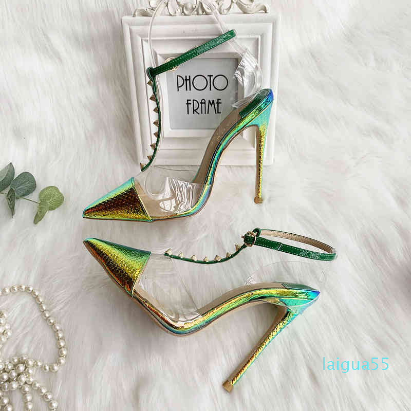 

fashion Designer pumps pointy toe heels yellow green snake python T strap with spike ankle women lady female summer, As pic 10cm