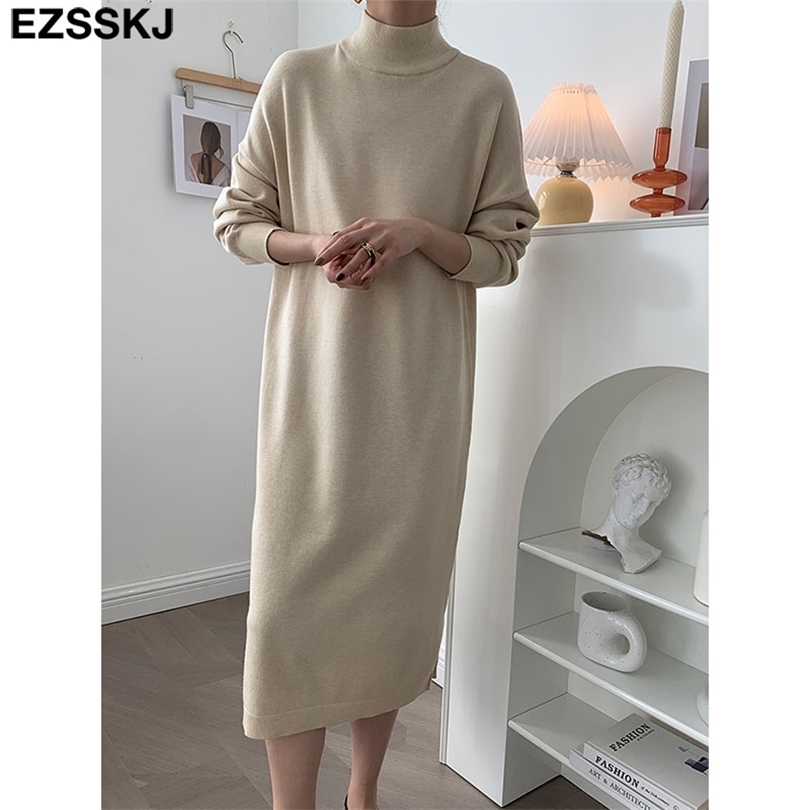 

Autumn Winter oversize loose long thick Sweater Dres Sleeve straight maix female warm knit dress 211110, Beige