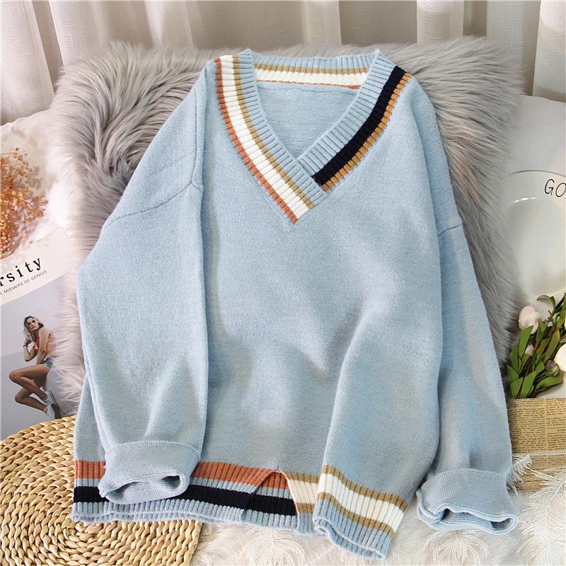 

Women's Sweaters Sweater Women Split Hem Striped V-Neck Pullover Lazy Style Knitted Preppy Soft Students'Jumper Long Sleeve Top Knitwear A00, White;black