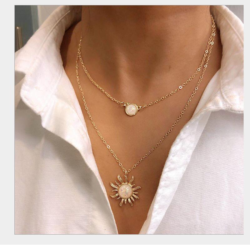 Pendant Necklaces Double Chains Moon And Sunflower Layering Necklace For Women Girls Fashion Clavicle Gift Your Honey-image-698706452