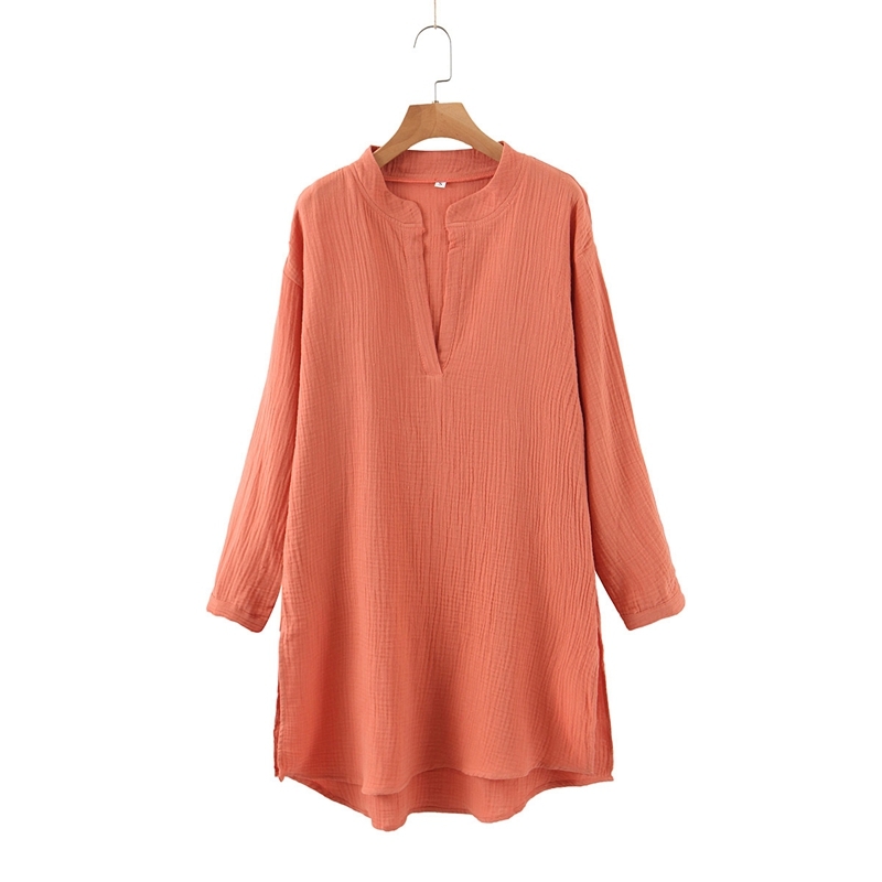 

Women Spring Long Sleeve Straight Dress V neck Solid Color Casual Knee Length Loose Split Female Cotton XZ2387 210525, Orange