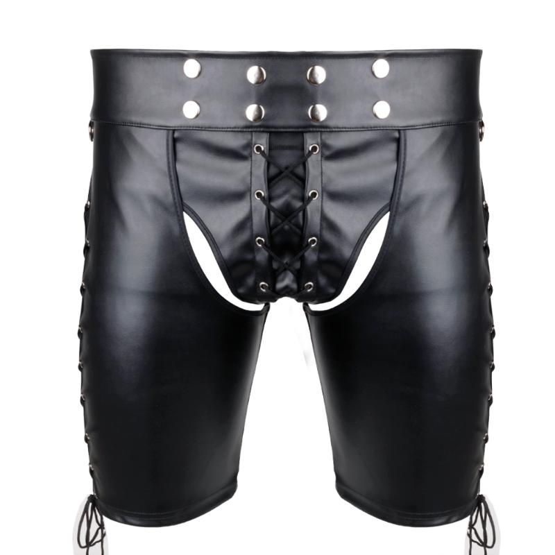 

Sexy Men Panties Faux Leather Side Lace-up Bondage Harness Pants Gothic Lingerie Open BuOpen Cortch Shorts Gay Fetish Underwear, Black