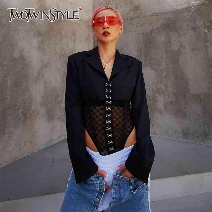

Patchwork Mesh Jumpsuit For Women V Neck Long Sleeve Sexy Black Jumpsuits Female Fashion Clothing Autumn 210521