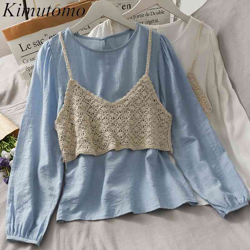 

Kimutomo Summer Women Suit Women O Neck Puff Long Sleeve Solid Shirt and Hollow Out Short Sling Two Piece Set Elegant 210521, White