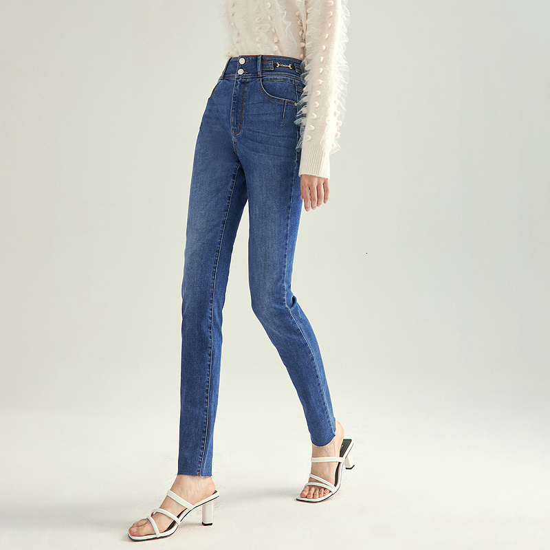 

women's jeans in autumn, women's breeches, casual fashion, chain buckles, double buttons, high waist design, thin pants. cqsg, Blue