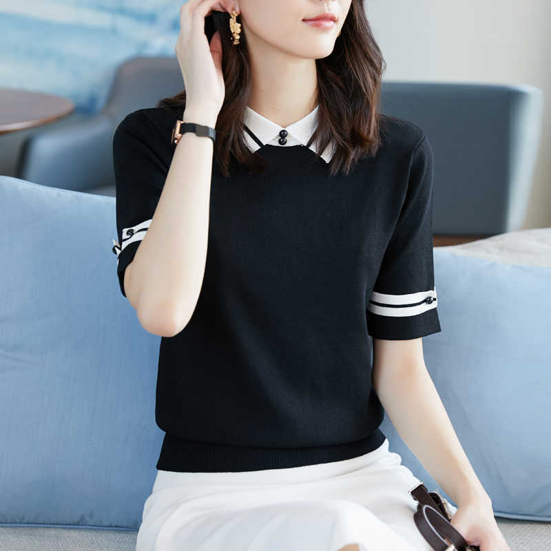 

Summer turn-collar oversize Office thin sweater pullovers women short sleeve female casual big basic sweater jumper 210604, Black