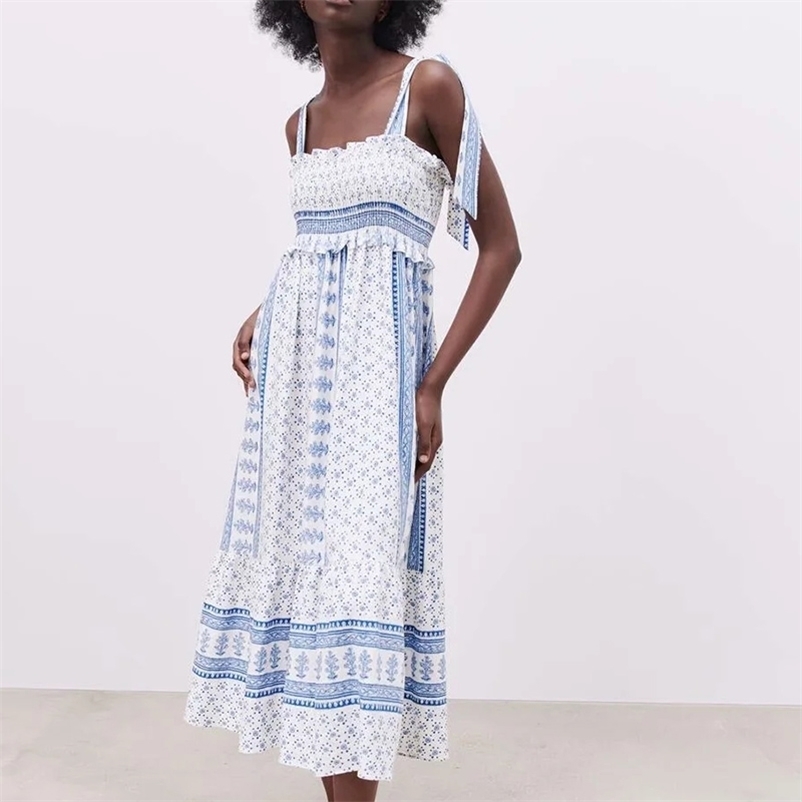 

Summer Women ruffled Dress Sexy Backless Long sling dress with pleated neckline and print 210524, Blue