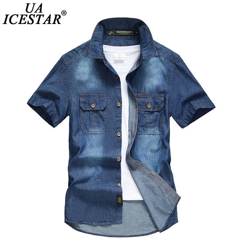 

Summer Male Cotton Denim Short Sleeve Shirts Men Brand Fashion Casual Slim 2021 High Quality Men's, White;black
