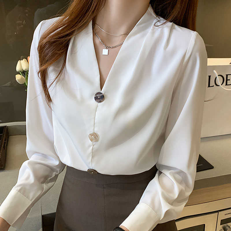 

Spring Long Sleeve White Shirt V-Neck Chiffon Shirt Women Tops Blouse Women Blusas Mujer De Moda Women Shirts Blusa E462 210602