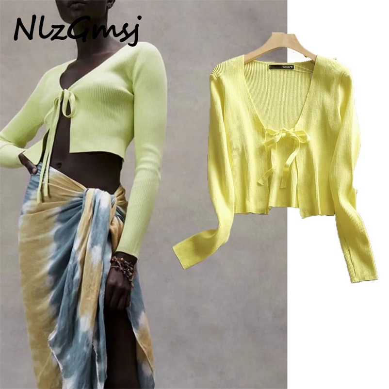 

Woemn Sweater Streetwear Front Tie Bandage Women Knitted Outwear Fashion Pull Femme Clothes Cardigan 04 210628, As picture