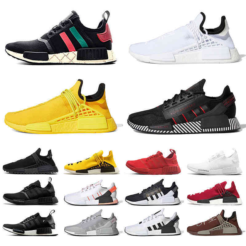 

36-47 NMD Human Race R1 V2 Racer Men Women Running Shoes Pharrell Williams Hu Trail Nerd Black Blank Canvas Oreo Trainers Run Sneakers, 11 core black 36-45