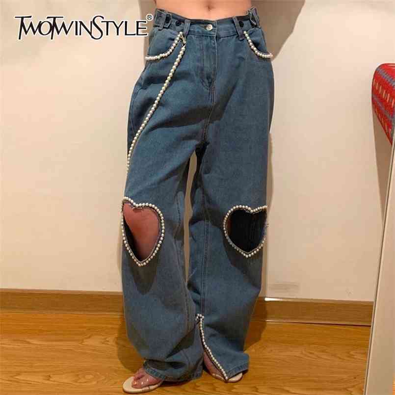 

Casual Loose Denim Trousers For Women High Waist Patchwork Pearl Chain Hollow Out Pants Females Spring Fashion 210521, Blue