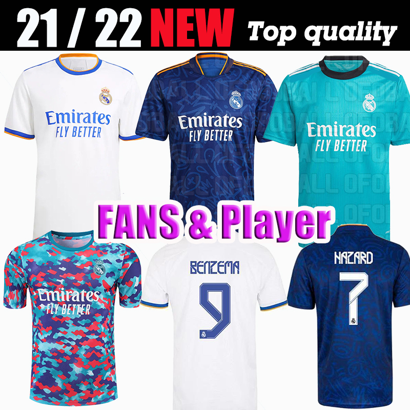 

REAL MADRID jerseys 21 22 soccer football shirts ALABA HAZARD BENZEMA ASENSIO MODRIC MARCELO camiseta men + kids kit 2021 2022 uniforms fourth, Player third + ucl