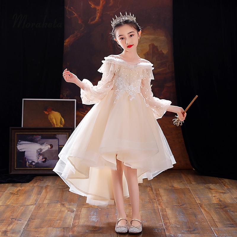 

Girl's Dresses Long Sleeve Short Flower Girl For Wedding Elegant O-Neck Princess Champagne High Low Children Piano Performance, Red;yellow