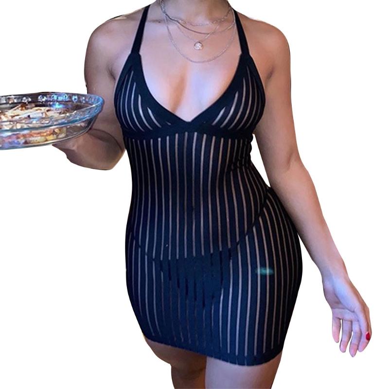 

Casual Dresses 67JF Women Summer Sexy Halter Deep V-Neck Mini Bodycon Dress See-Through Mesh Striped Crisscross Backless Party Clubwear Biki, As pic