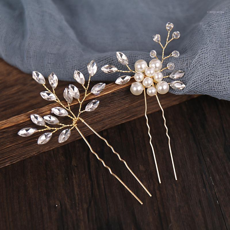 

Hair Clips & Barrettes 2 Pcs Sets Gold Pins Sticks Crystal Pearls Handmade Wedding Accessories Women Jewelry Bridal Headpiece, Golden;silver
