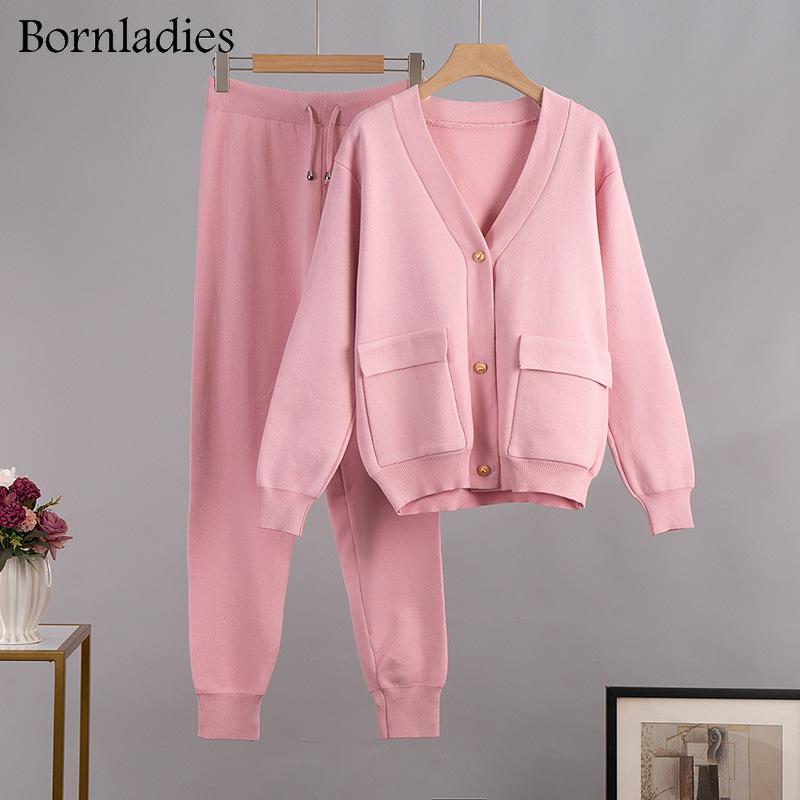 

Women's Two Piece Pants Bornladies Autumn Winter Women Sexy V Nexk Pullover Sweater & Lace-up Ladies Loose 2 Pieces Set Female Casual Knitte, White