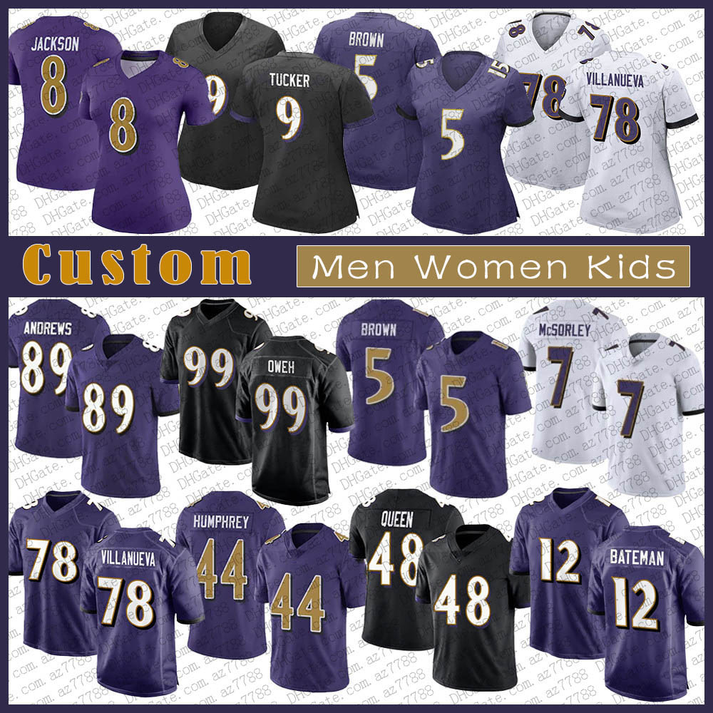 

8 Lamar Jackson 78 Alejandro Villanueva Custom Men Women Kids Football Jersey 12 Rashod Bateman 99 Odafe Oweh 5 Marquise Brown Marlon Humphrey Mark Andrews J.K. Dobbins, Picture