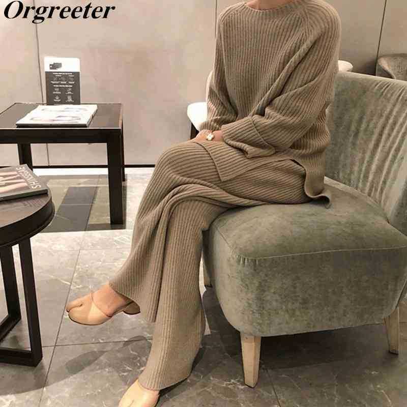 

Fall Winter Women Sweater Two Piece Knitted Sets Jacquard Tracksuit Chic Split Pullover Long Sleeve Top Wide Leg Pants 210525, Khaki