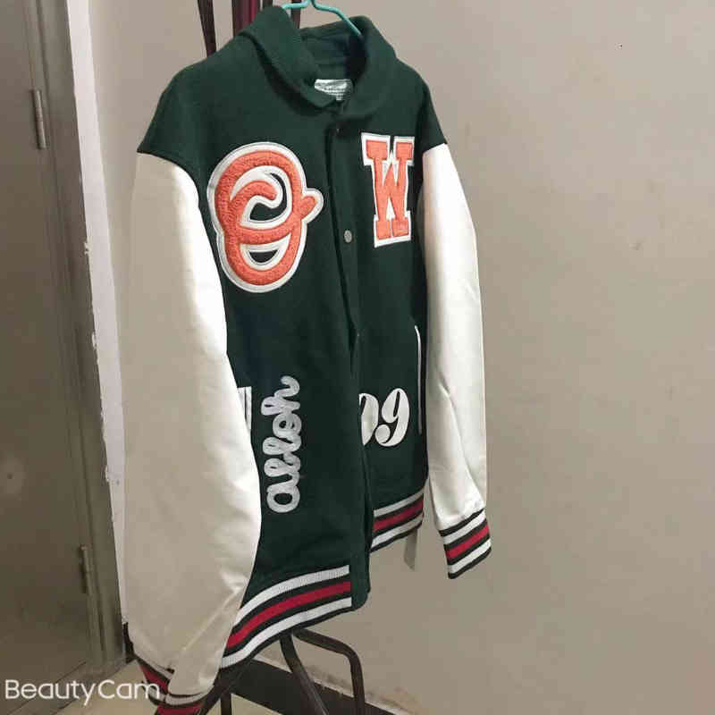 

Spring fall jacket, men's and women's Off new white builder style lacquered pattern coat 99 wool embroidered baseball jacket, Green