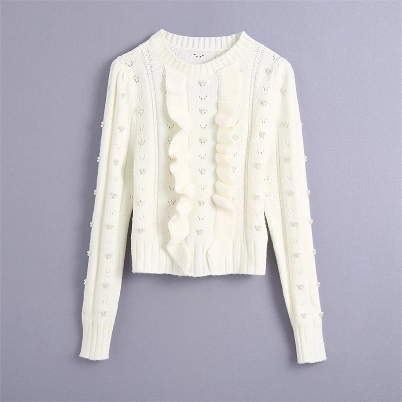

Women Fashion With Faux Pearls Ruffled Cropped Knitted Sweaters Vintage Long Sleeve Female Pullovers Chic Tops 210520, Ivory