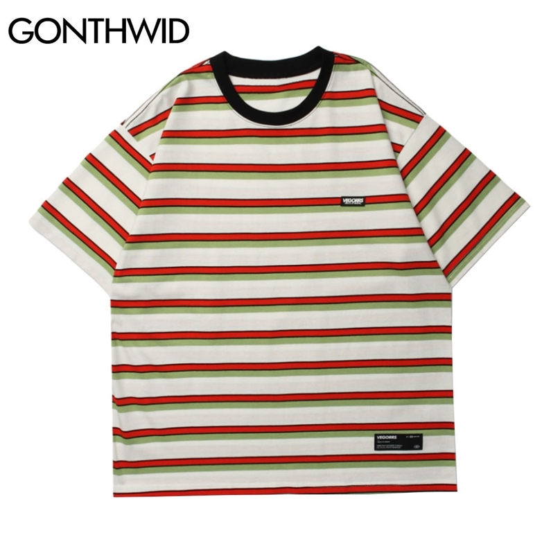 

T-Shirts Streetwear Hip Hop Stripe Short Sleeve Cotton Tees Shirts Harajuku Fashion Casual Loose Summer Tshirts Tops 210602, Green