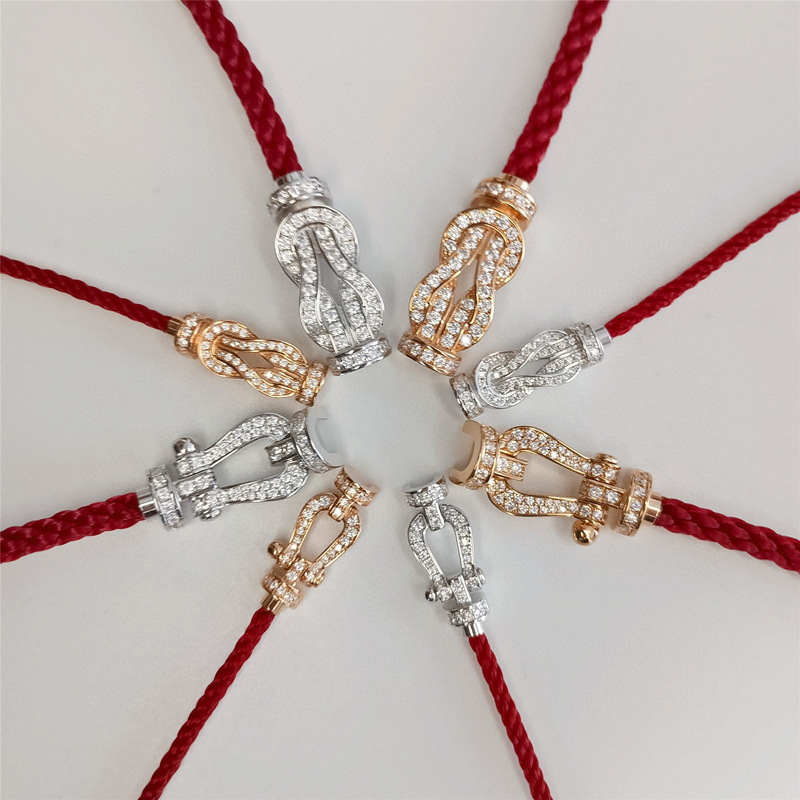 Bracelet f Family Horseshoe 925 Sterling Silver Plated 18k Gold Red Rope Black 8-character Full Drill Leather Buckle