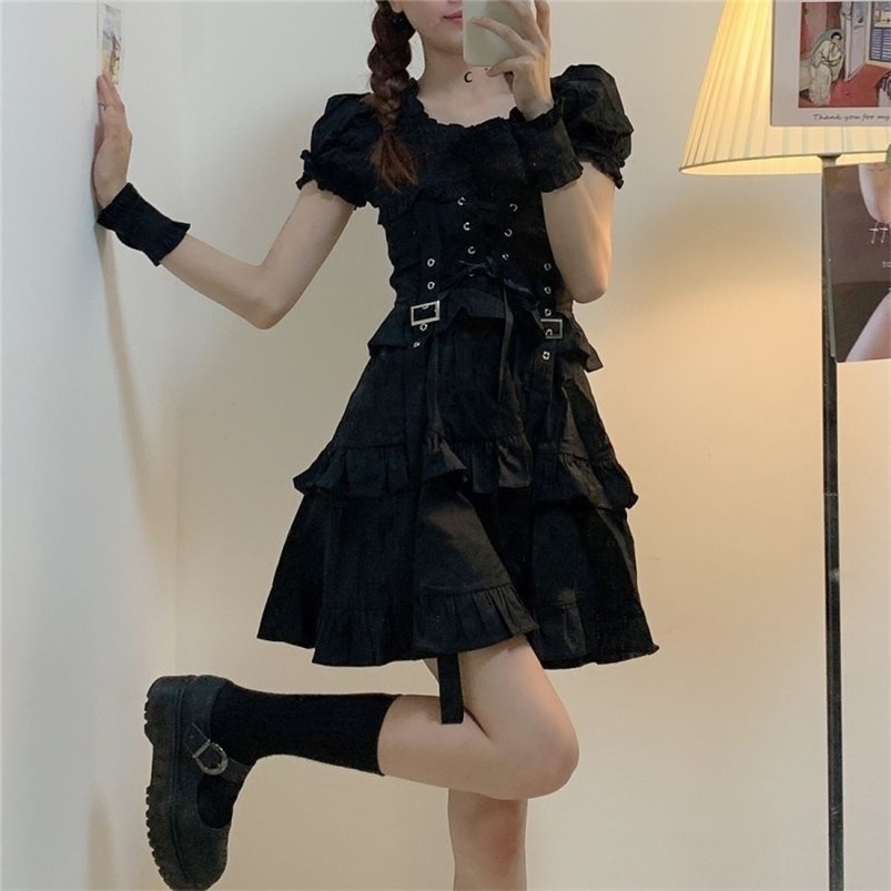 

QWEEK Women's Gothic Lolita Dress Punk Mall Goth Kawaii Cute Ruffle Bandage Black Mini Emo Clothes Summer 210701